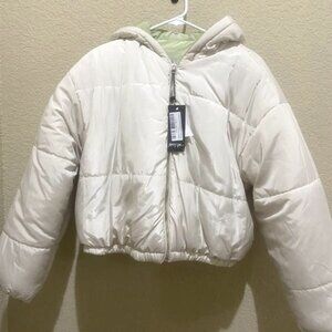 NWT | Reversible Hooded Puffer Jacket, White & Green | Size M | Nasty Gal